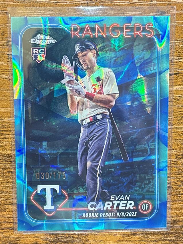 2024 Topps Chrome Update Evan Carter Aqua/Blue Lava Lamp /175 Rookie RC Rangers